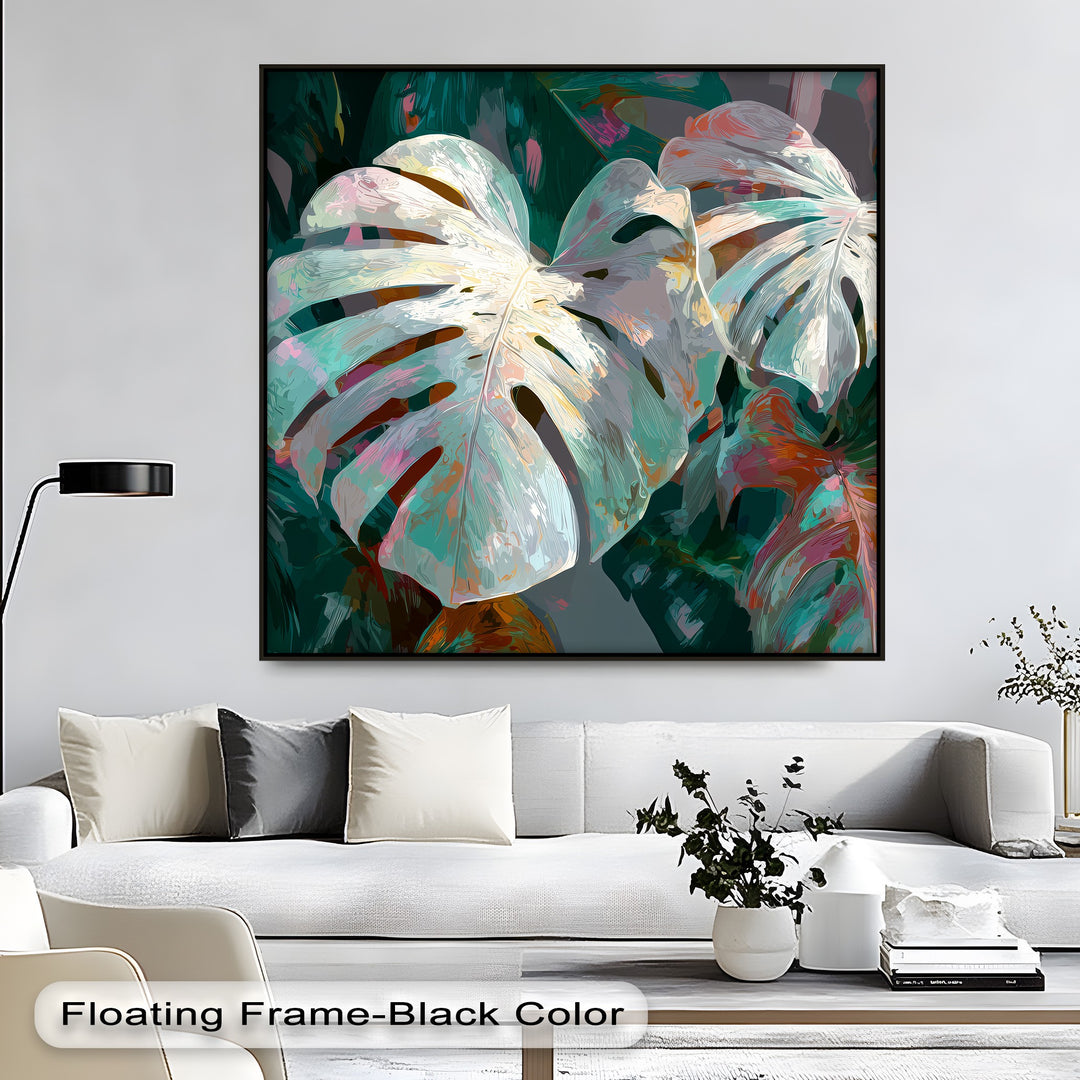 Featuring triangular and ovate shapes, this tropical monstera leaves canvas print showcases bold geometric elements that bring a modern touch to canvas wall decor.