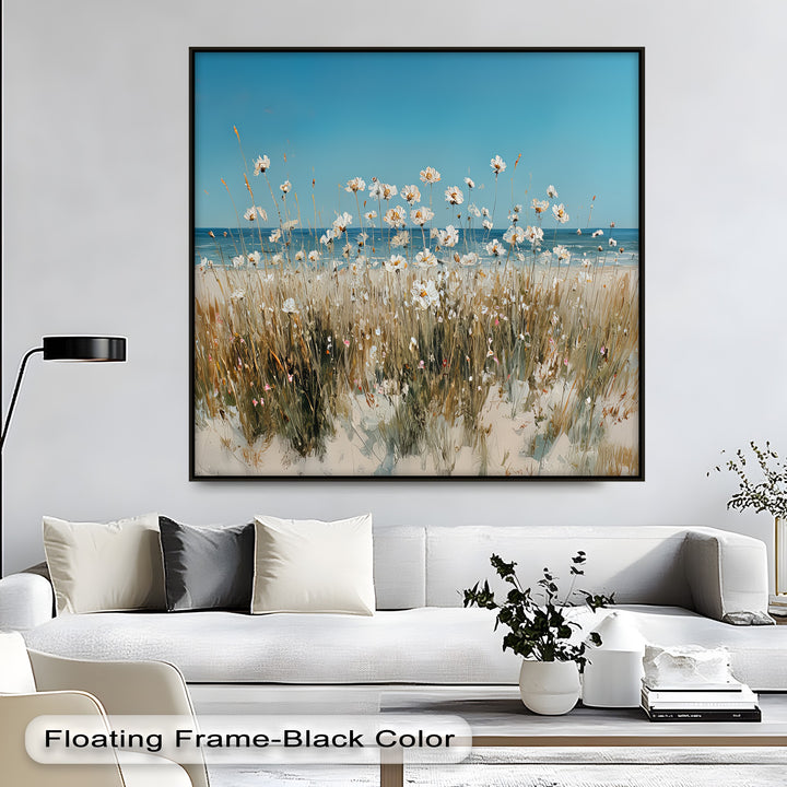 Seaside Serenity – White Wildflowers by the Shore Canvas Print