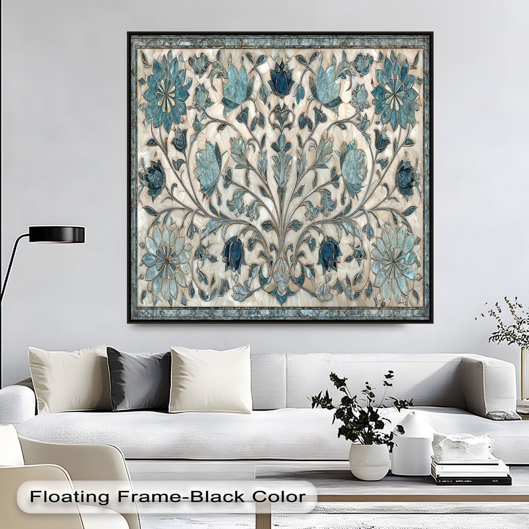 The vibrant teal and deep indigo botanical elements strikingly contrast the creamy, marble-textured background on this best canvas prints art.