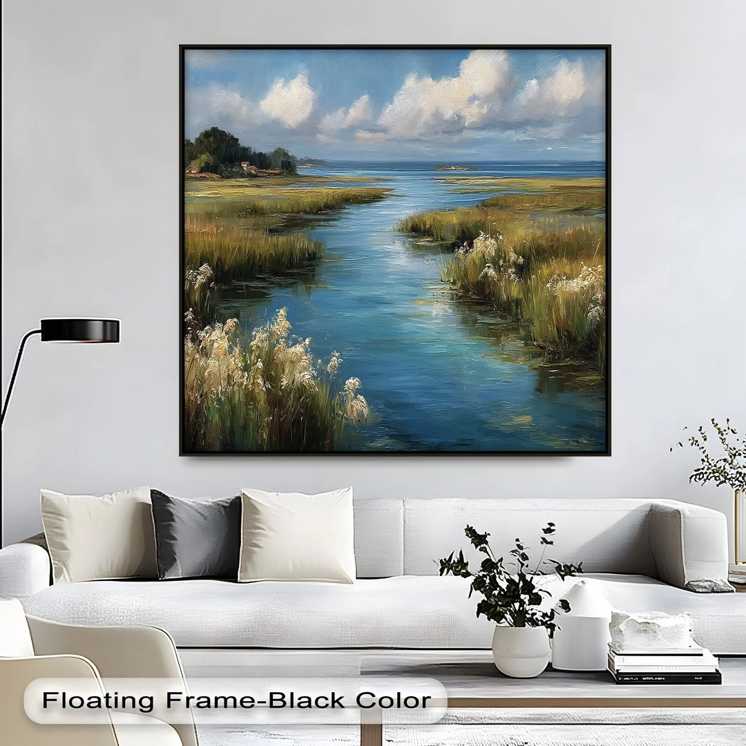 Coastal nature scene with distant cottages and open sky

