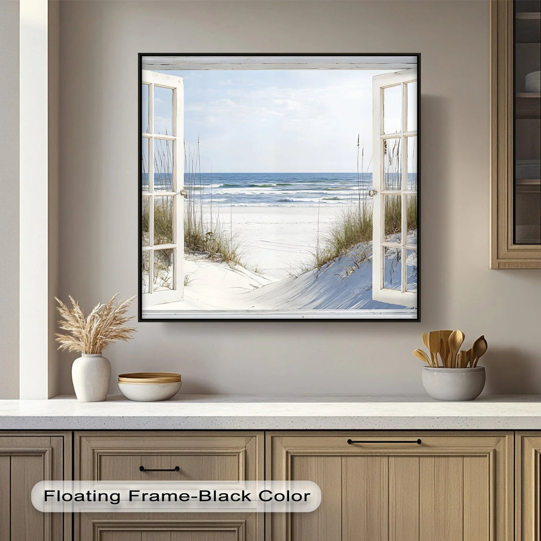 Ocean Breeze Escape – Open Window Beach Kitchen Canvas Print - MyPhotoStation