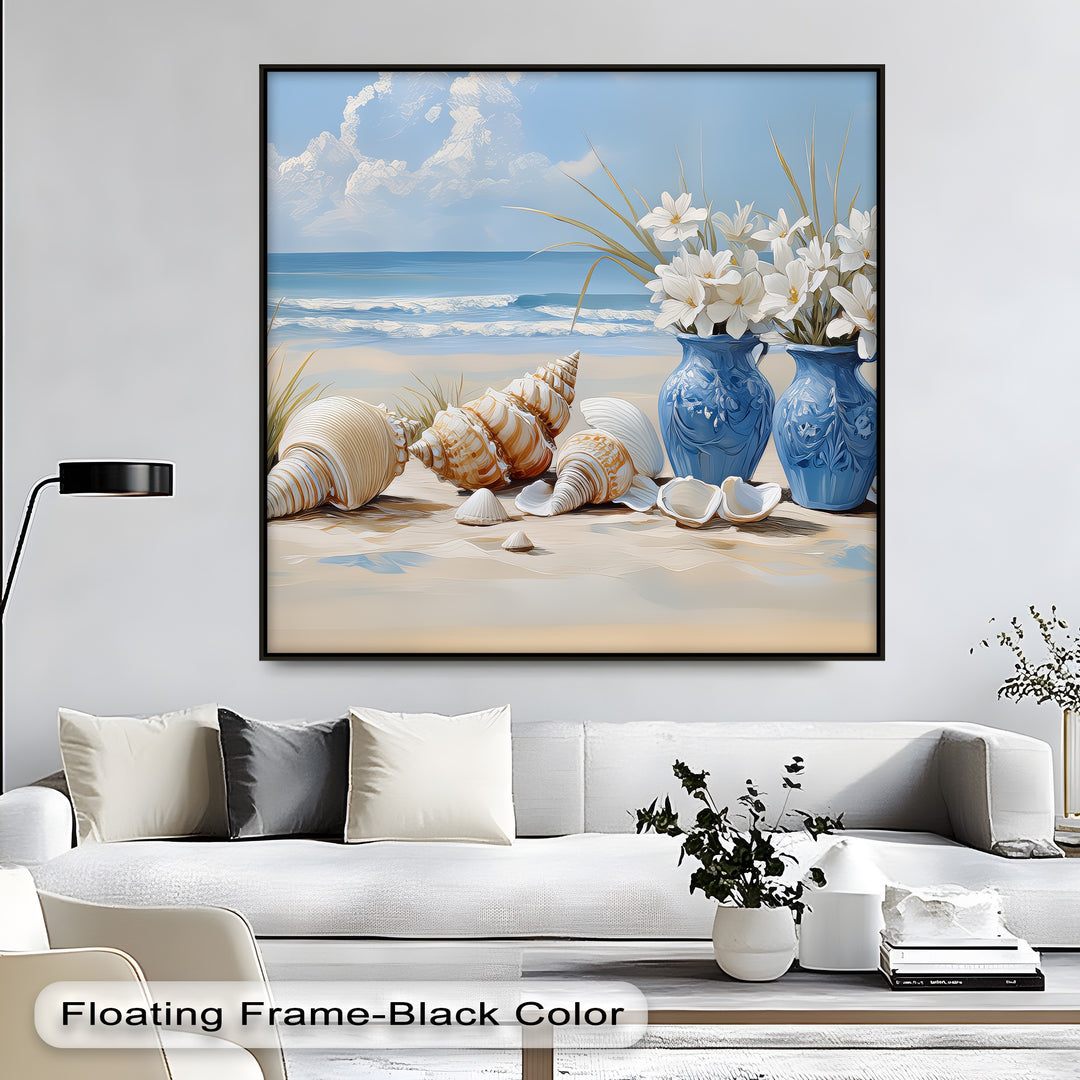 Coastal Serenity – Seashells and Blue Vases Canvas Print