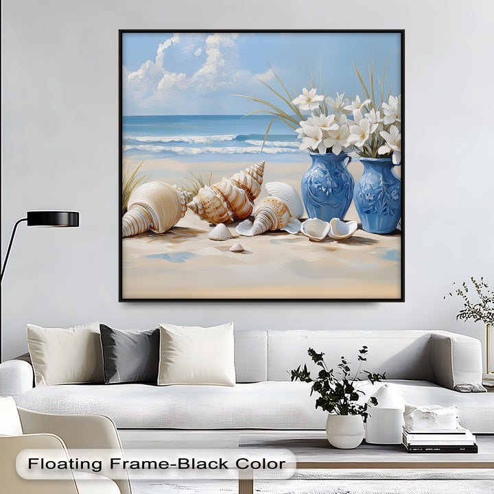 Coastal Serenity – Seashells and Blue Vases Canvas Print