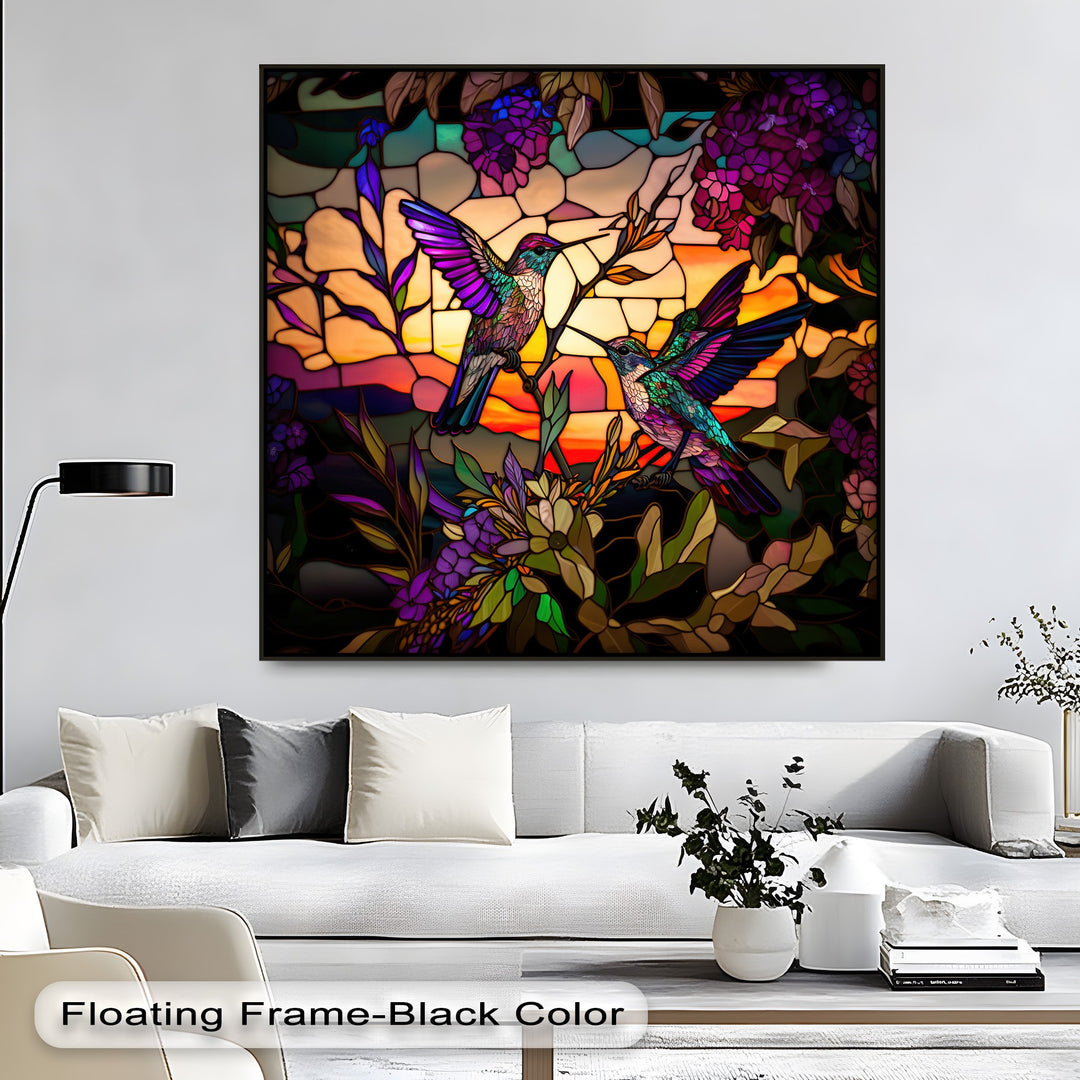 Dominant purple and teal colors illuminate this stained glass hummingbirds canvas art prints, a vibrant floral wall art.