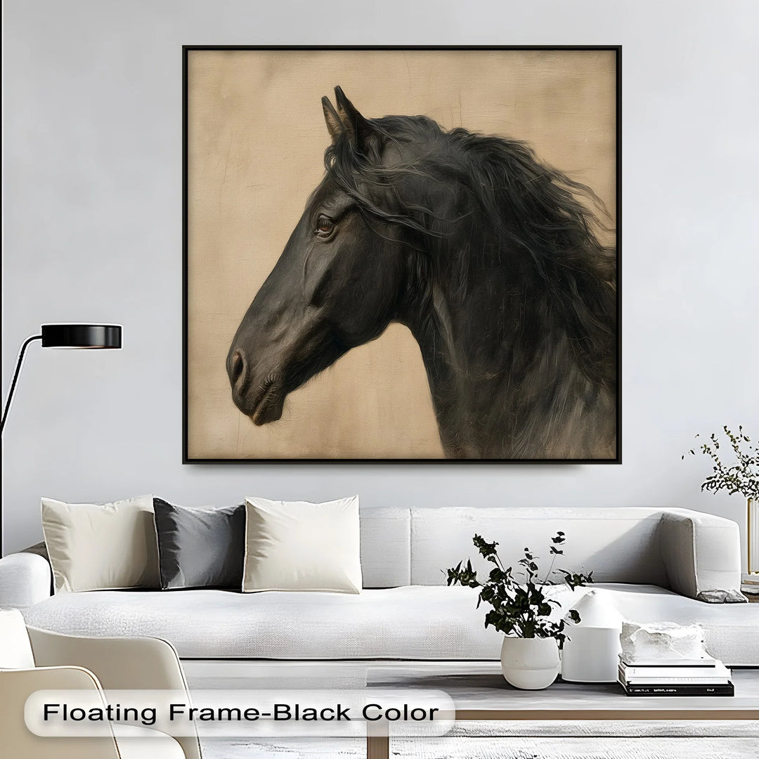 Regal dark horse canvas wall art with textured neutral backdrop

