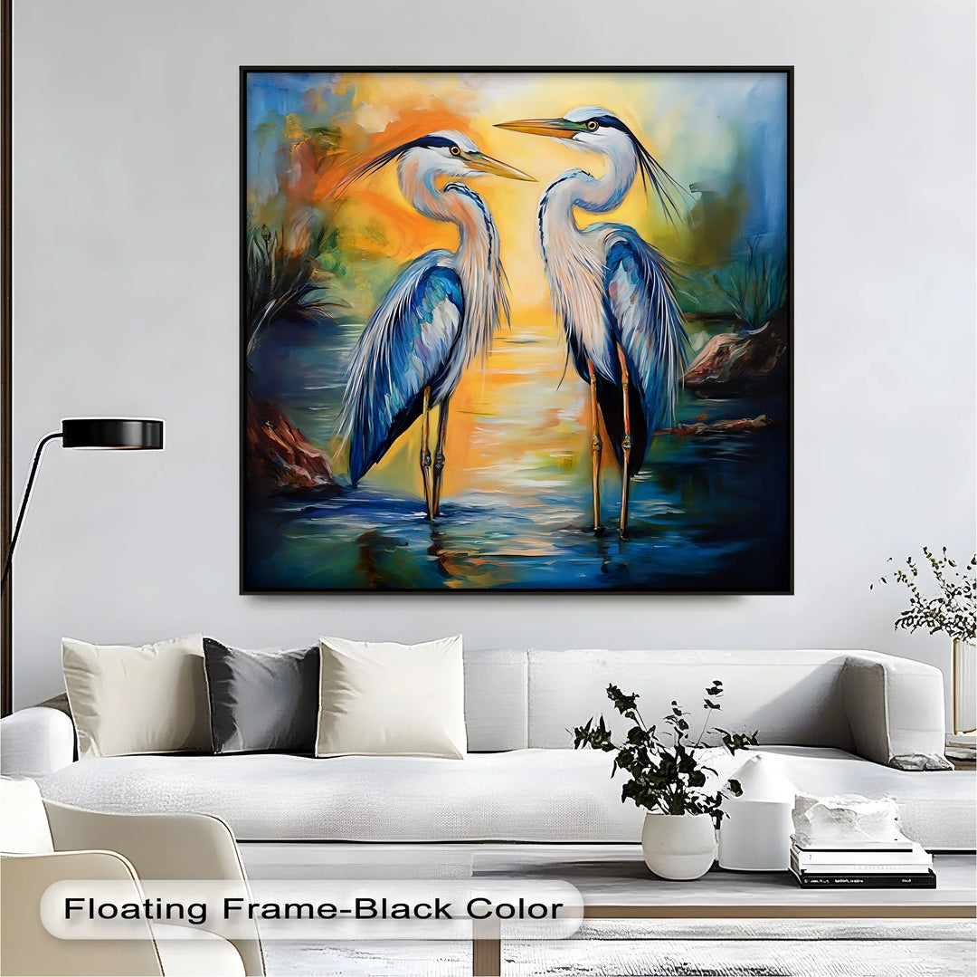 Twin Grace – Elegant Blue Herons at Sunset Canvas Wall Art - MyPhotoStation