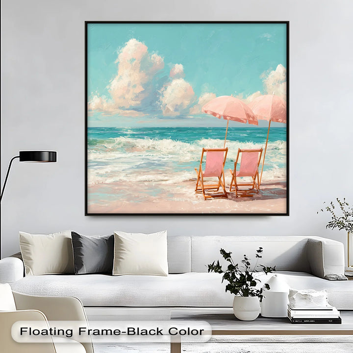 Serene Beach Escape with Pink Umbrellas – Seaside Canvas Print - MyPhotoStation