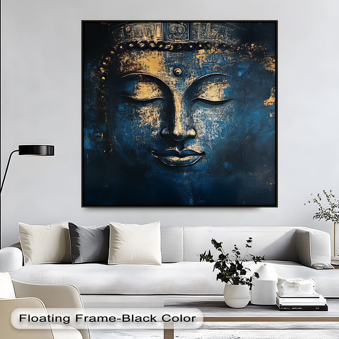 Mystic Serenity – Golden Buddha Face on Midnight Blue Canvas Print