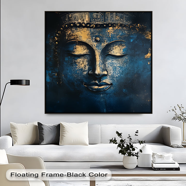 Mystic Serenity – Golden Buddha Face on Midnight Blue Canvas Print
