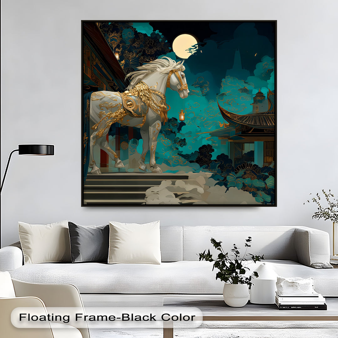 Moonlit Majesty – White Horse in Royal Gold Armor Canvas Print