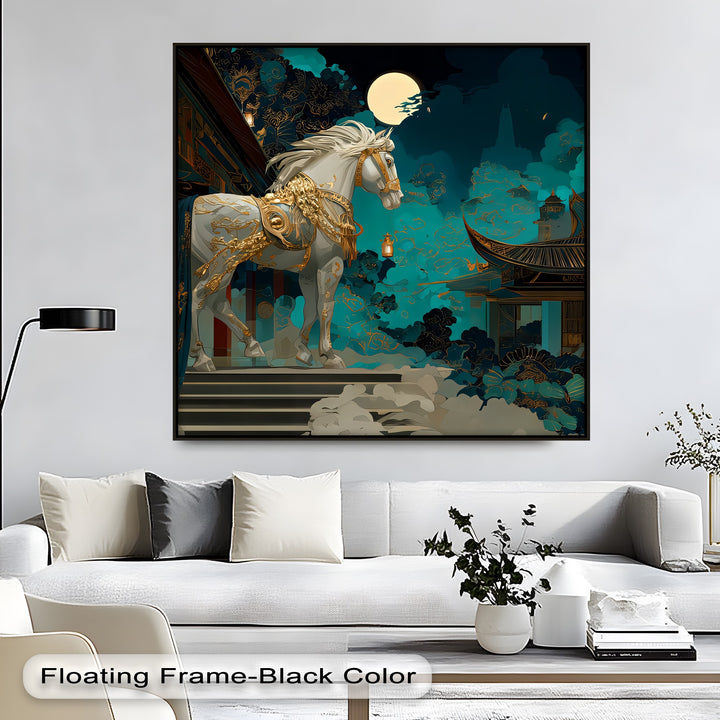 Moonlit Majesty – White Horse in Royal Gold Armor Canvas Print