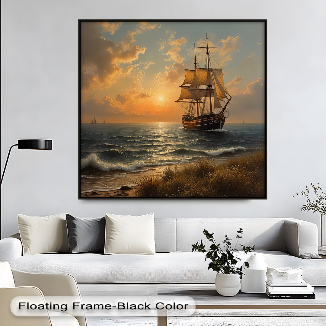 Golden Horizon Voyage – Sailing Ship at Sunset Canvas Wall Art | Large Canvas