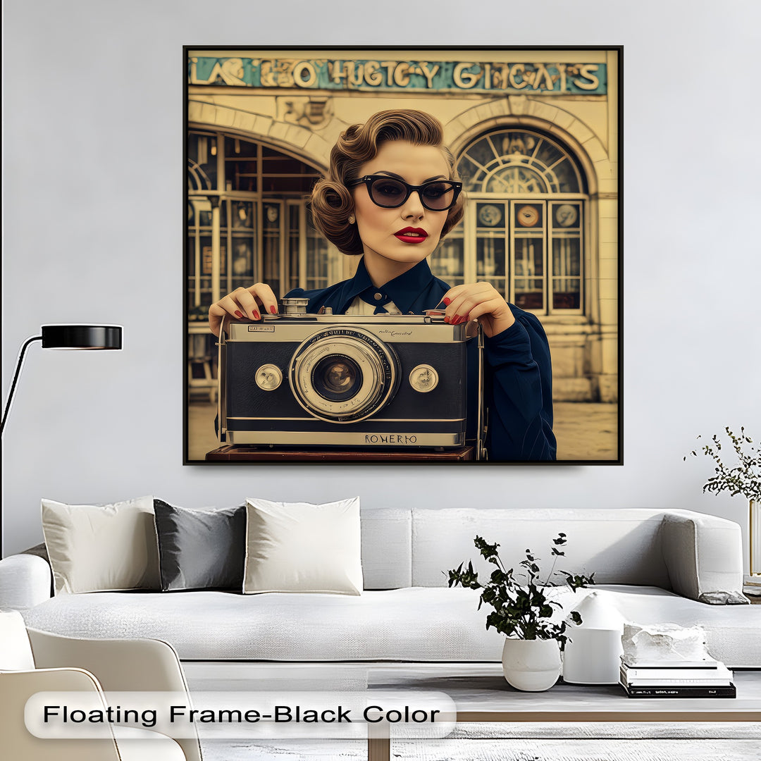 Retro Portrait with Giant Camera – Vintage Glamour Canvas Print