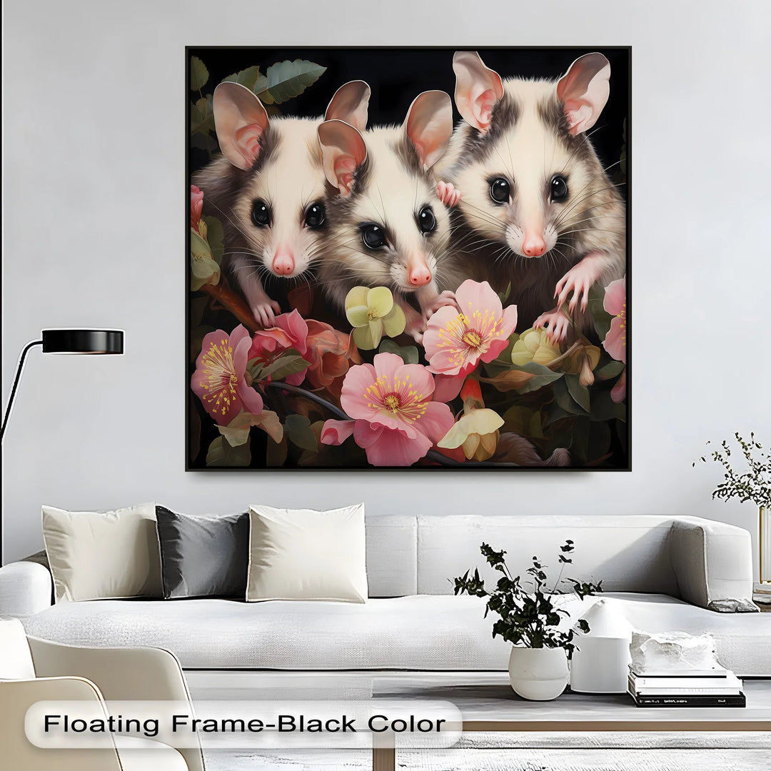 Curious Possum Trio Among Blossoms – Animal Canvas Print - MyPhotoStation