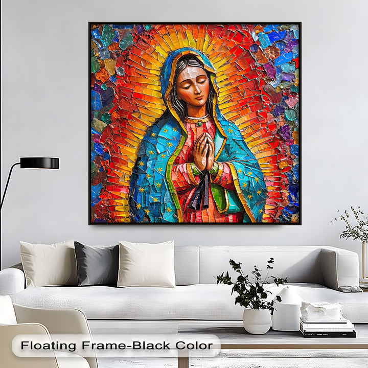 Organic forms crafted from vibrant, fragmented mosaic pieces depict Our Lady of Guadalupe in this striking religious canvas wall art.