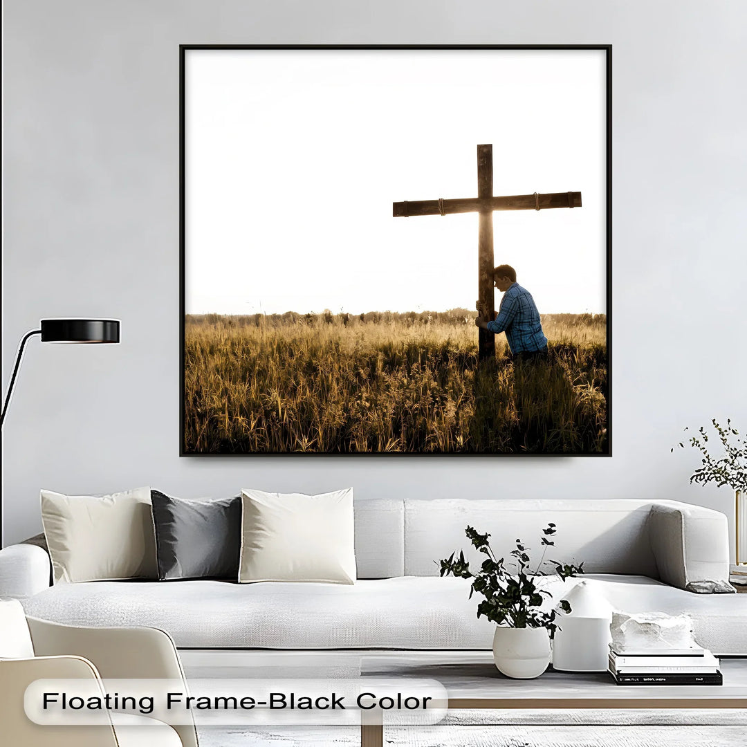Man Praying by Cross - Jesus Canvas Print