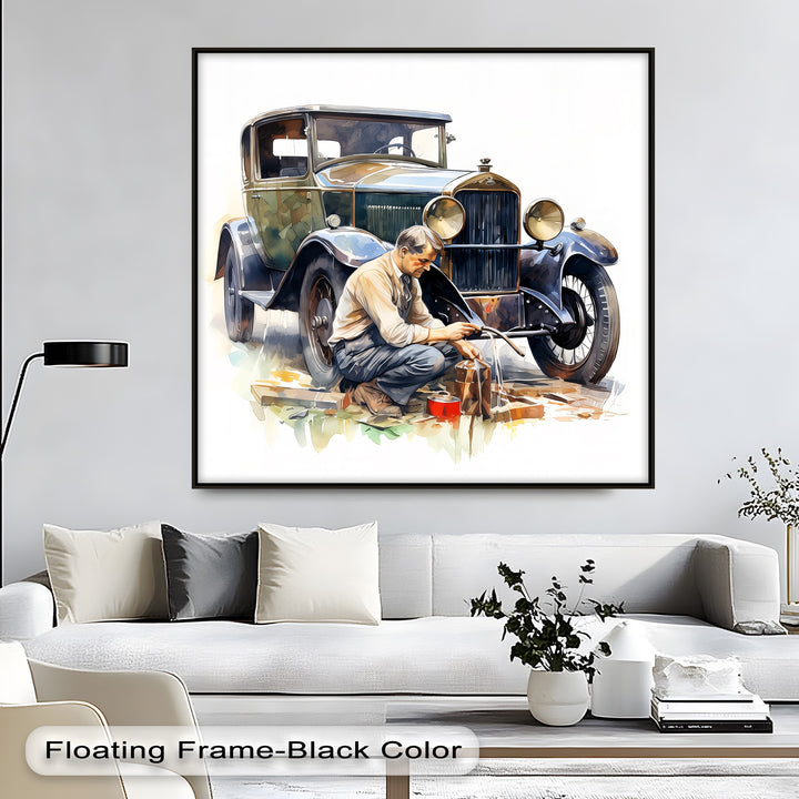 Vintage Car Mechanic Scene – Car Canvas Print