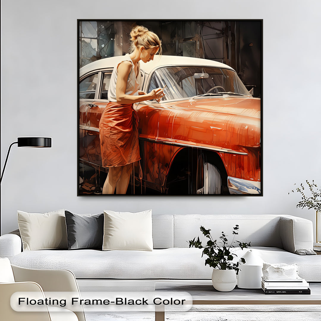 Timeless Connection – Retro Woman with Classic Car Canvas Print