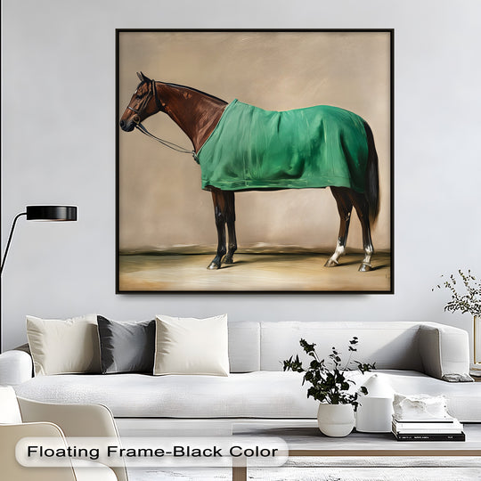 Canvas print of a racehorse draped in green blanket and horse wall art with champion poise plus expressive animal artwork