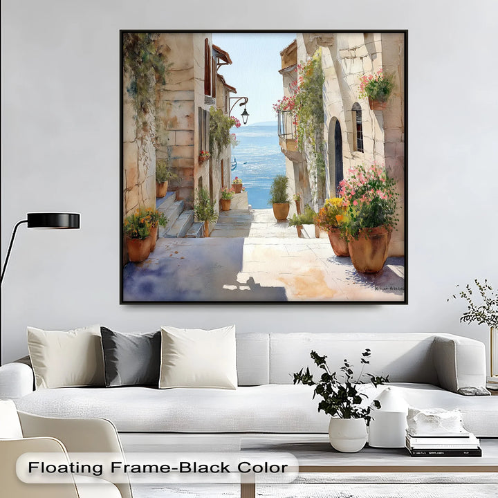 Rustic stone houses and ocean vista canvas wall art for coastal décor

