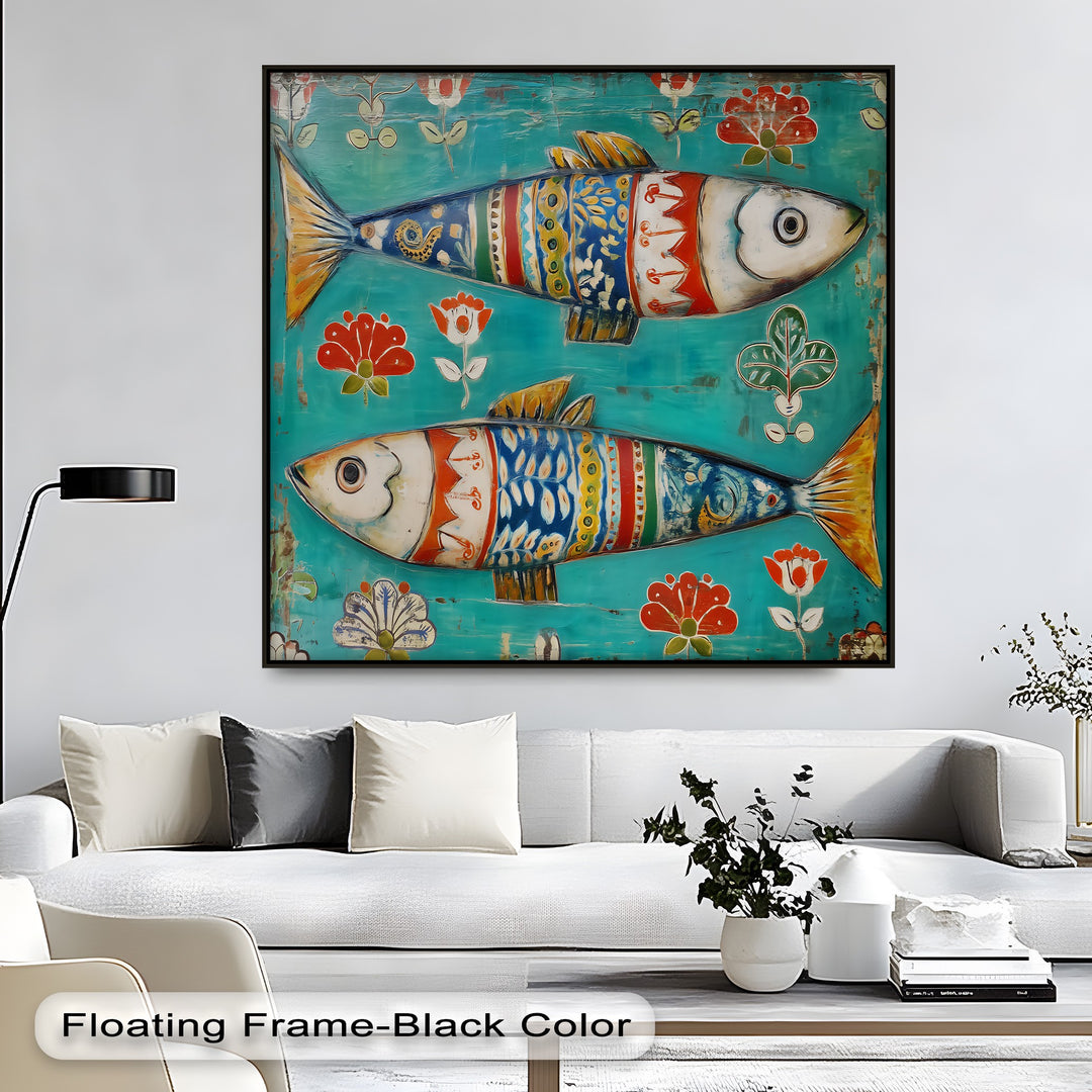 Stillness emanates from the colorful folk fish canvas print showcasing Scandinavian folk art as a framed canvas, imbuing a quiet, decorative presence.