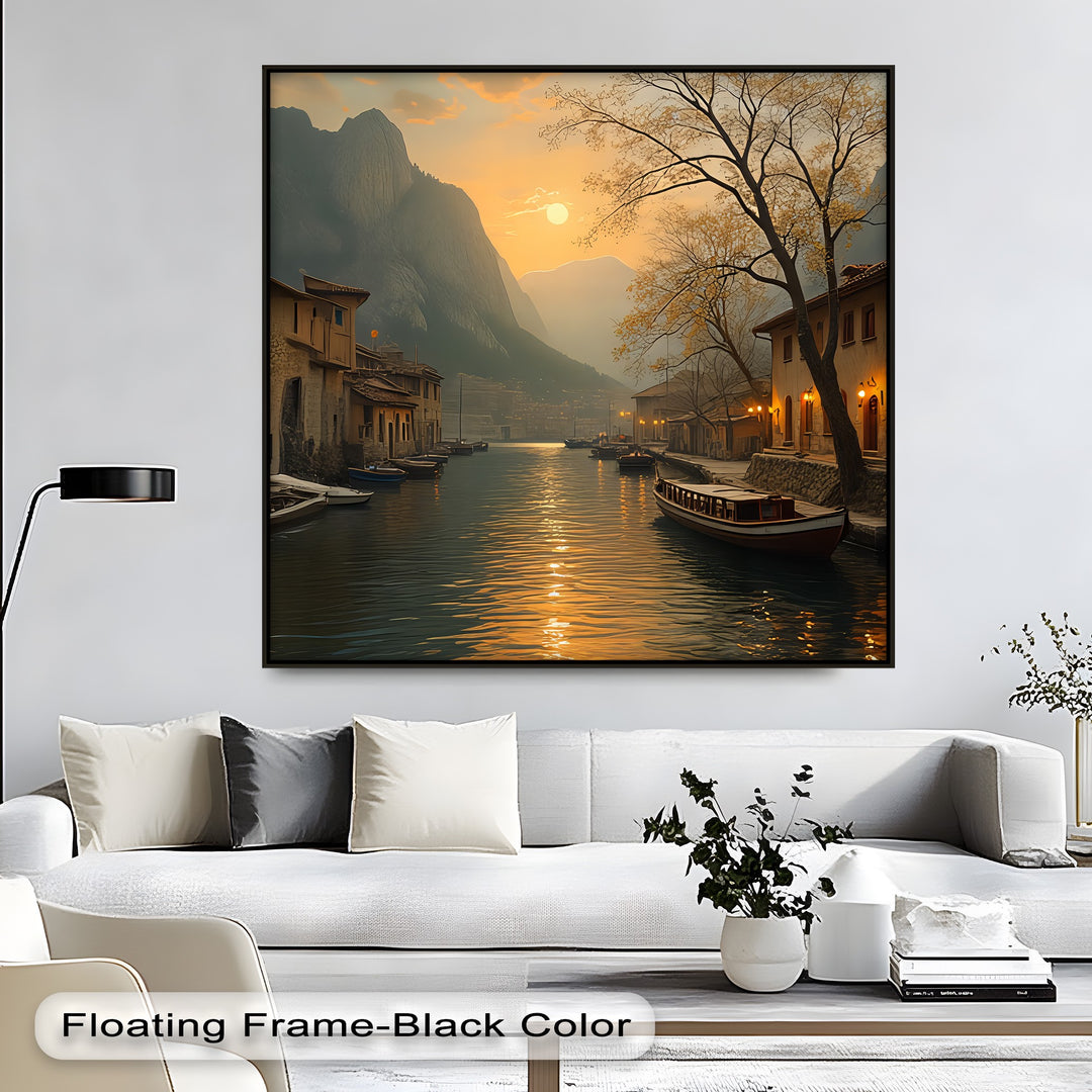 Sunset Canal Serenity – Lakeside Village Canvas Wall Art | Canvas Artwork