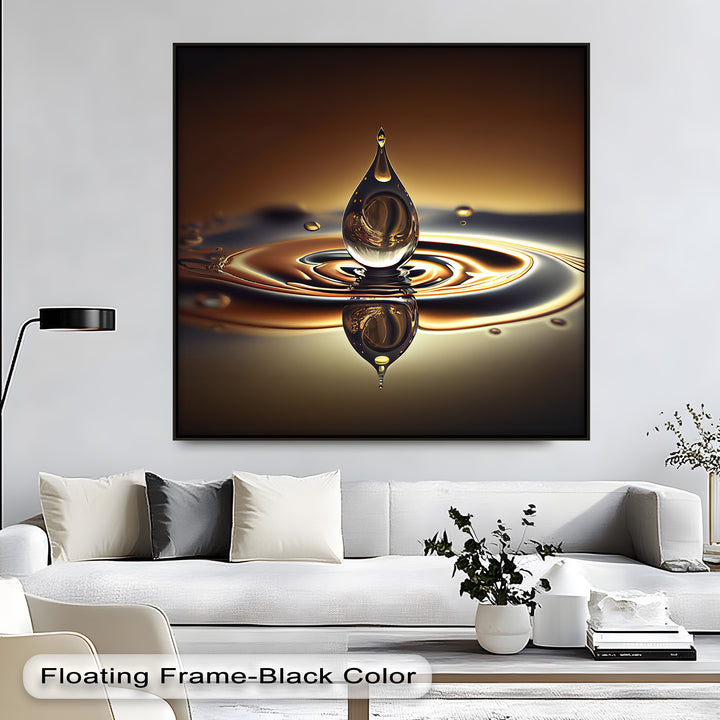 The delicate golden water drop, the softest element, creates serene, shimmering ripples in this luxury abstract canvas artwork.