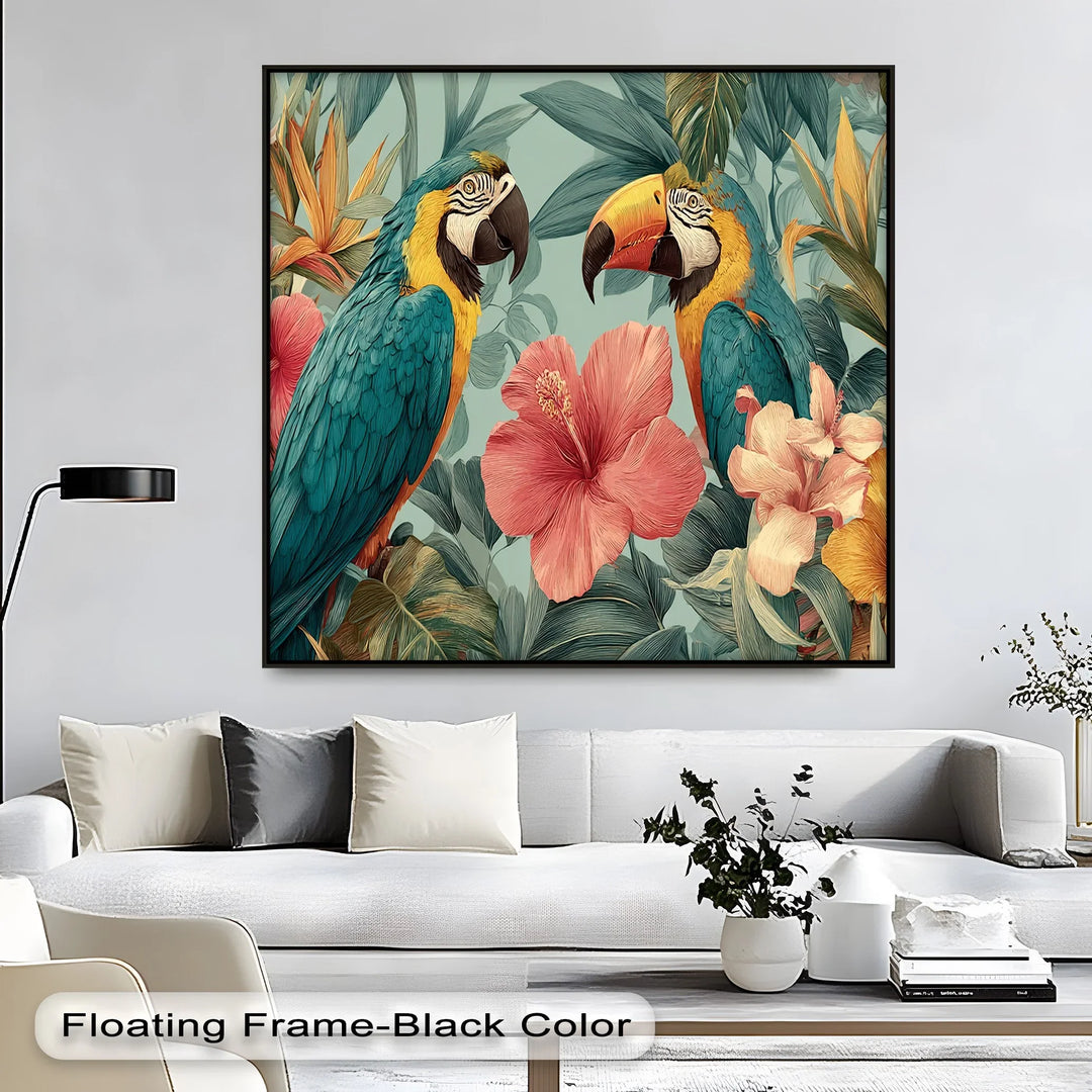 Tropical bird and flower canvas print perfect for nature inspired wall decor