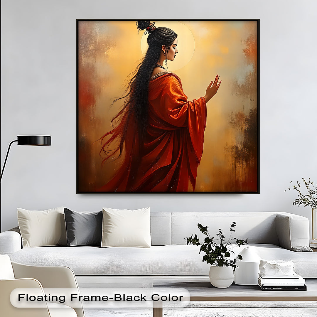 Radiant Serenity – Oriental Woman in Red Canvas Wall Art | Framed Art
