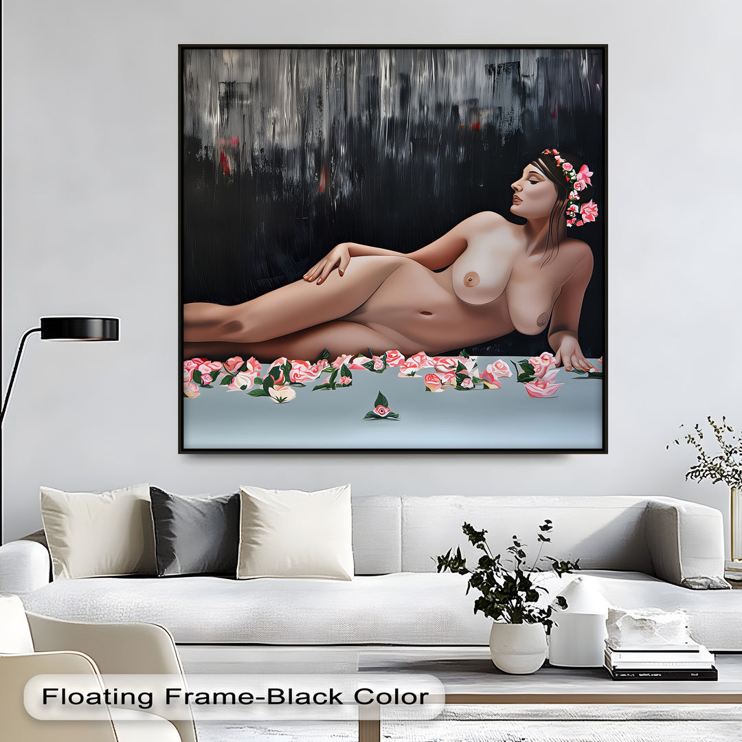 Petals of Grace – Reclining Nude Canvas Wall Art | Floral Erotic Print
