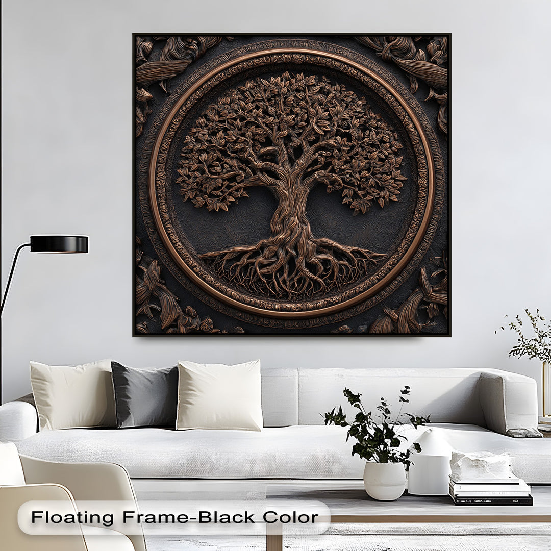 The exceptional material quality of this hanging canvas reveals a richly textured bronze Tree of Life, showcasing rustic botanical detail.
