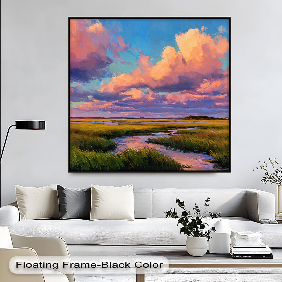 Highlighting the darkest area, this framed canvas depicts a golden sunset marsh landscape, showcasing dramatic sky nature wall art with a captivating scene.