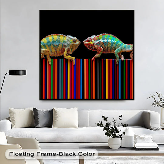 Framed with a black edge, this canvas print features a duo of vibrant chameleons on pencils, offering a stylish addition to your premium canvas decor.