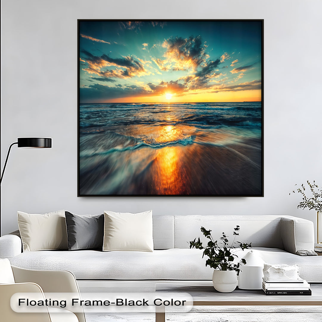 The color temperature of this framed canvas ocean sunset blends warm light with cool tones across the golden beach seascape.