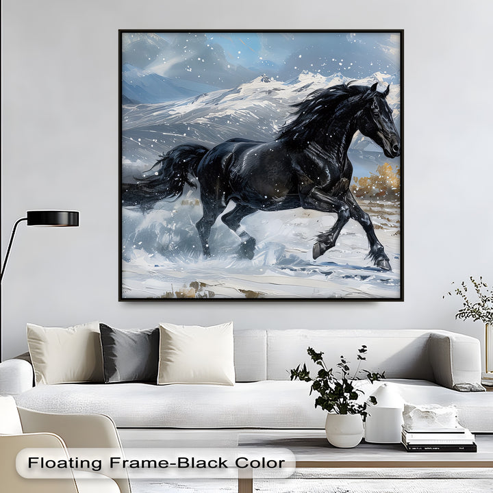 Galloping Black Stallion in Snowy Mountains - Horse Canvas Print