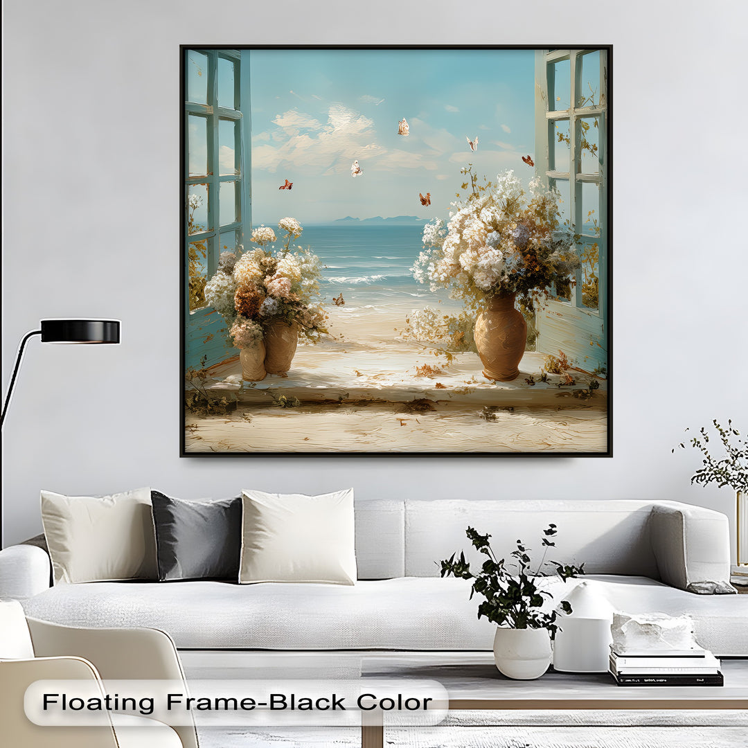 Seaside Breeze Through Blue Shutters – Coastal Floral Canvas Print