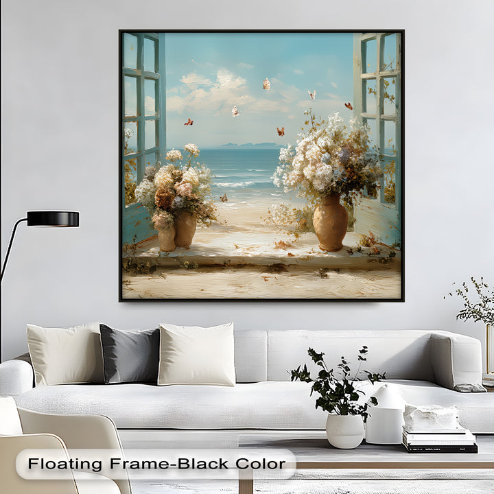 Seaside Breeze Through Blue Shutters – Coastal Floral Canvas Print
