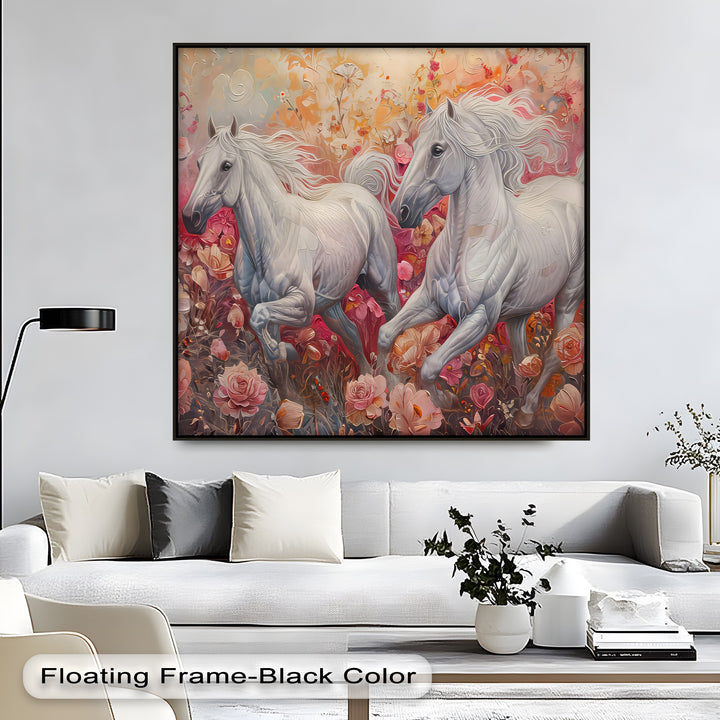 White Horses in Blooming Garden - Horse Canvas Print