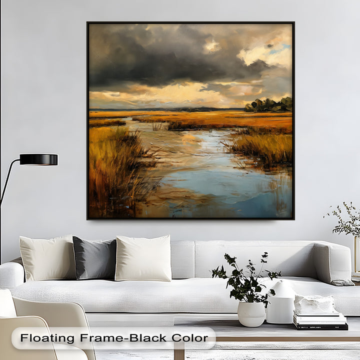Subtle light and shadow define the dramatic sky in this golden marsh storm landscape hanging canvas print, showcasing a nature wall art scene.