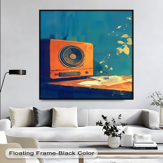 Highlighting the abstract quality, the 'Golden Frequency' retro radio still life canvas art prints showcase warm tones and geometric shapes blending to create a visually appealing piece.