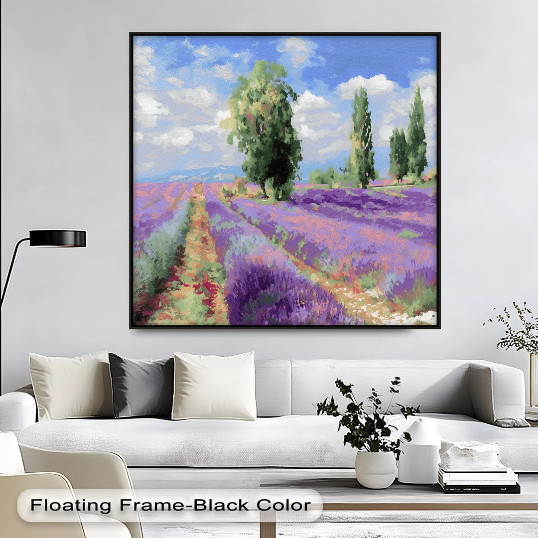 Summer meadow canvas picture with violet flowers and clear skies

