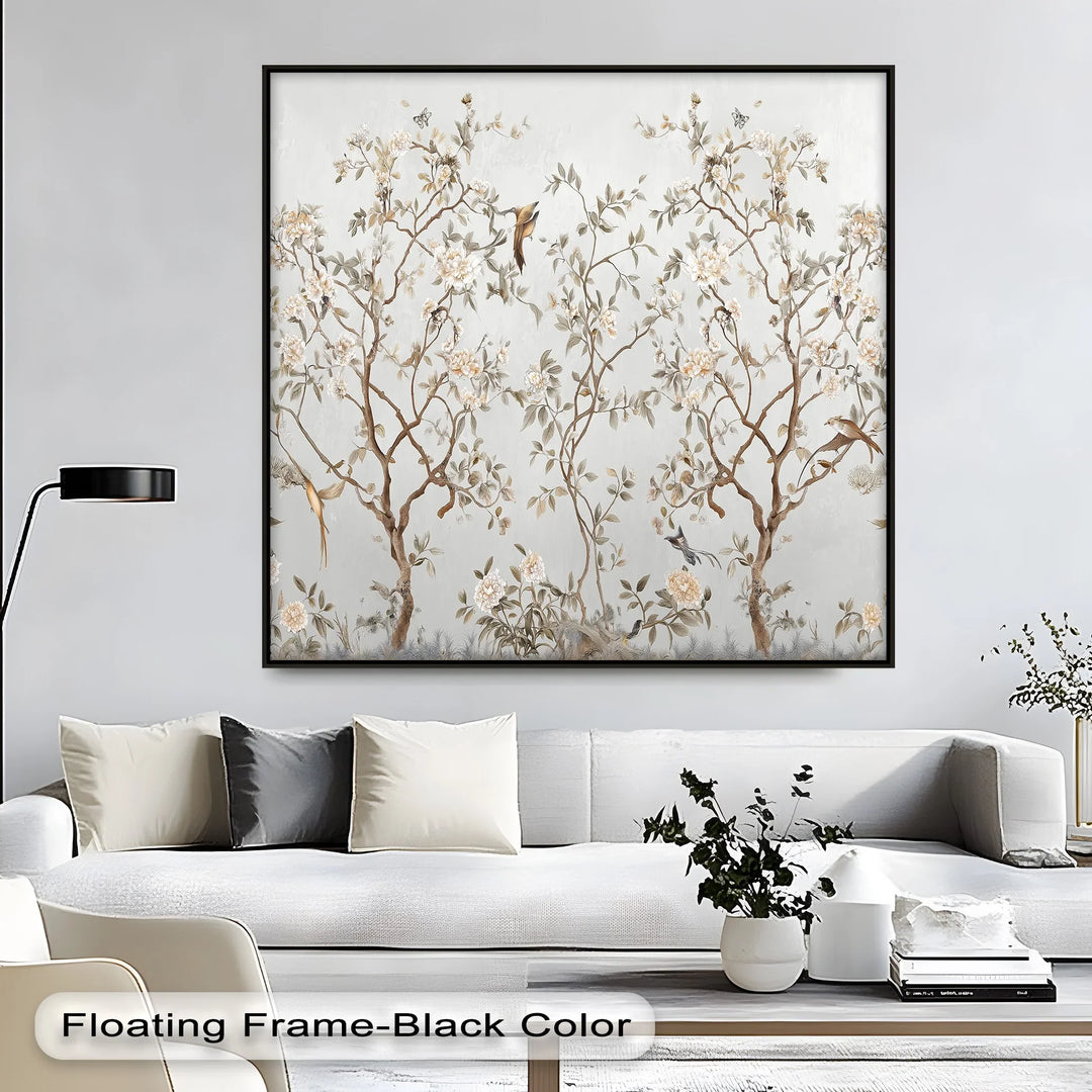 Serene nature scene canvas print with beige flower branches

