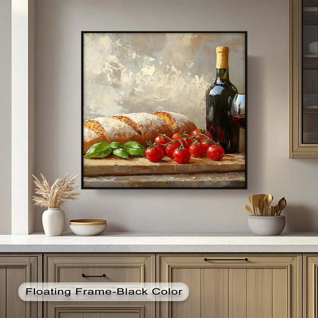 Italian Kitchen Still Life – Wine, Bread & Tomato Kitchen Canvas Art - MyPhotoStation