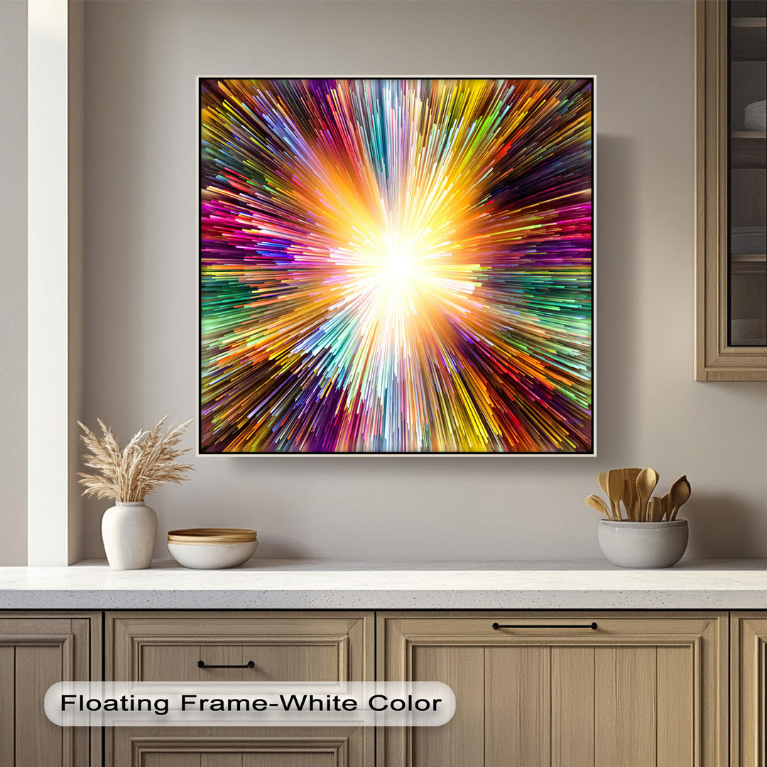 The luminous focal point of this vibrant light burst canvas wall decor shines brightly, radiating a spectrum of colorful abstract energy.