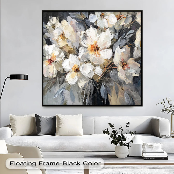Moody floral wall art with abstract flower textures in gray and cream tones

