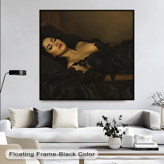 Featuring a sleek black frame, this 'Velvet Eclipse' erotic canvas wall art, showcases gallery-wrapped edges enhancing the display of canvas pictures.