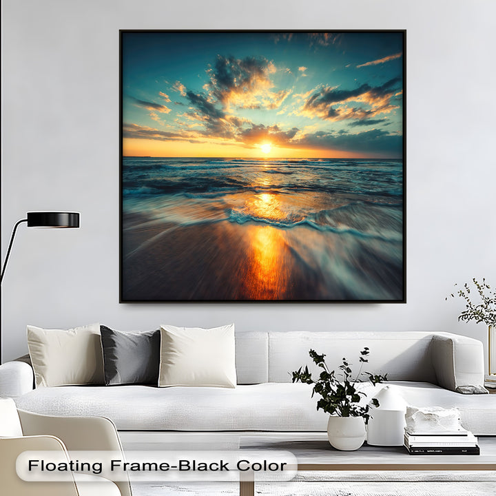 Rectangular canvas artwork featuring the golden ocean sunset, with a distinct horizontal horizon, a radiant circular sun, and sweeping wave patterns.