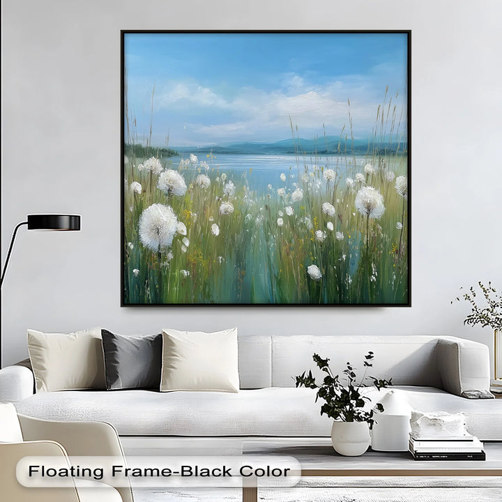 Whispers of Spring – Dandelion Field by the Lake Canvas Print - MyPhotoStation