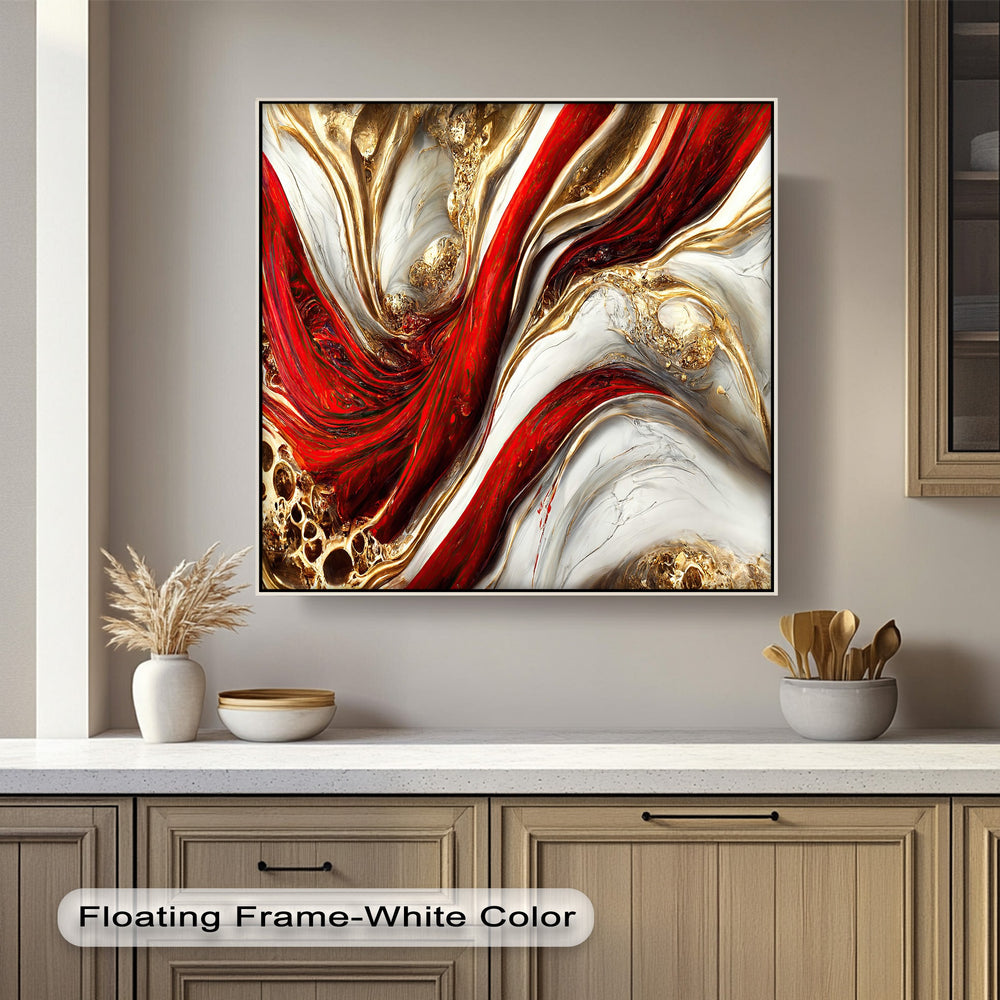 Textured surface of a unique canvas print featuring luxurious abstract red, gold, and white marble-like swirls with raised metallic elements.
