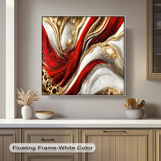 Textured surface of a unique canvas print featuring luxurious abstract red, gold, and white marble-like swirls with raised metallic elements.
